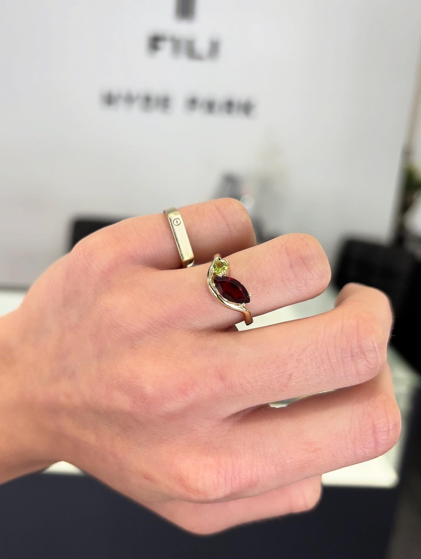 Wave Style Ring With Two Gemstones